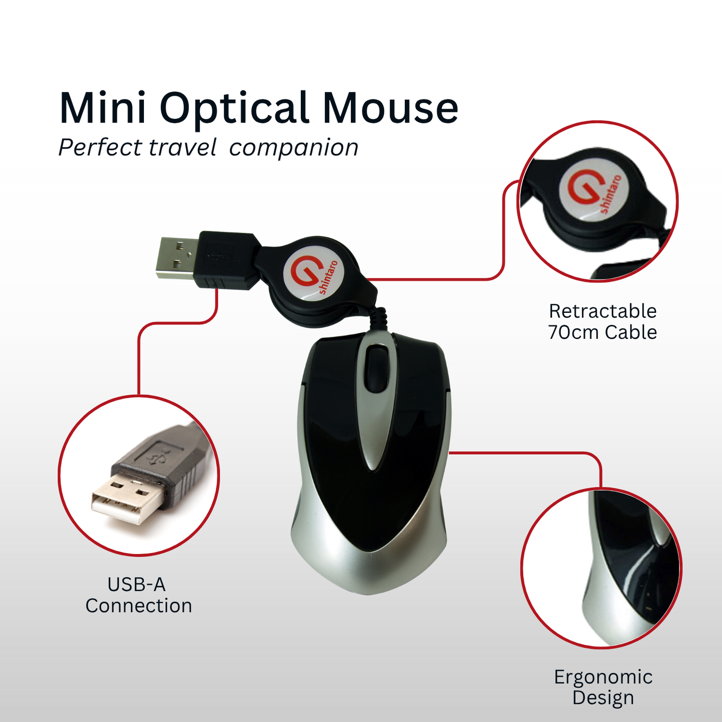 Shintaro Wired Travel Mouse Mini with Retractable Cable