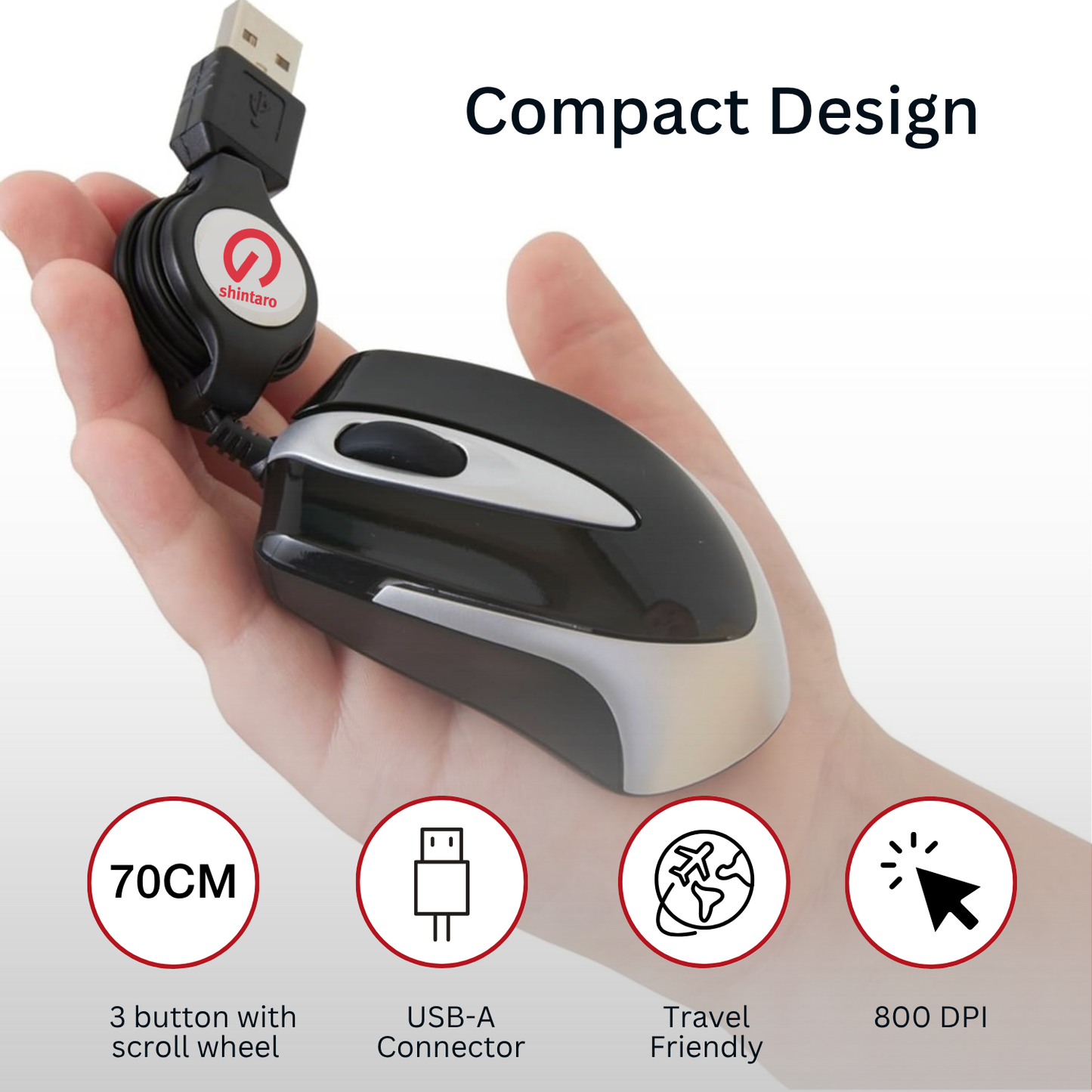 Shintaro Wired Travel Mouse Mini with Retractable Cable