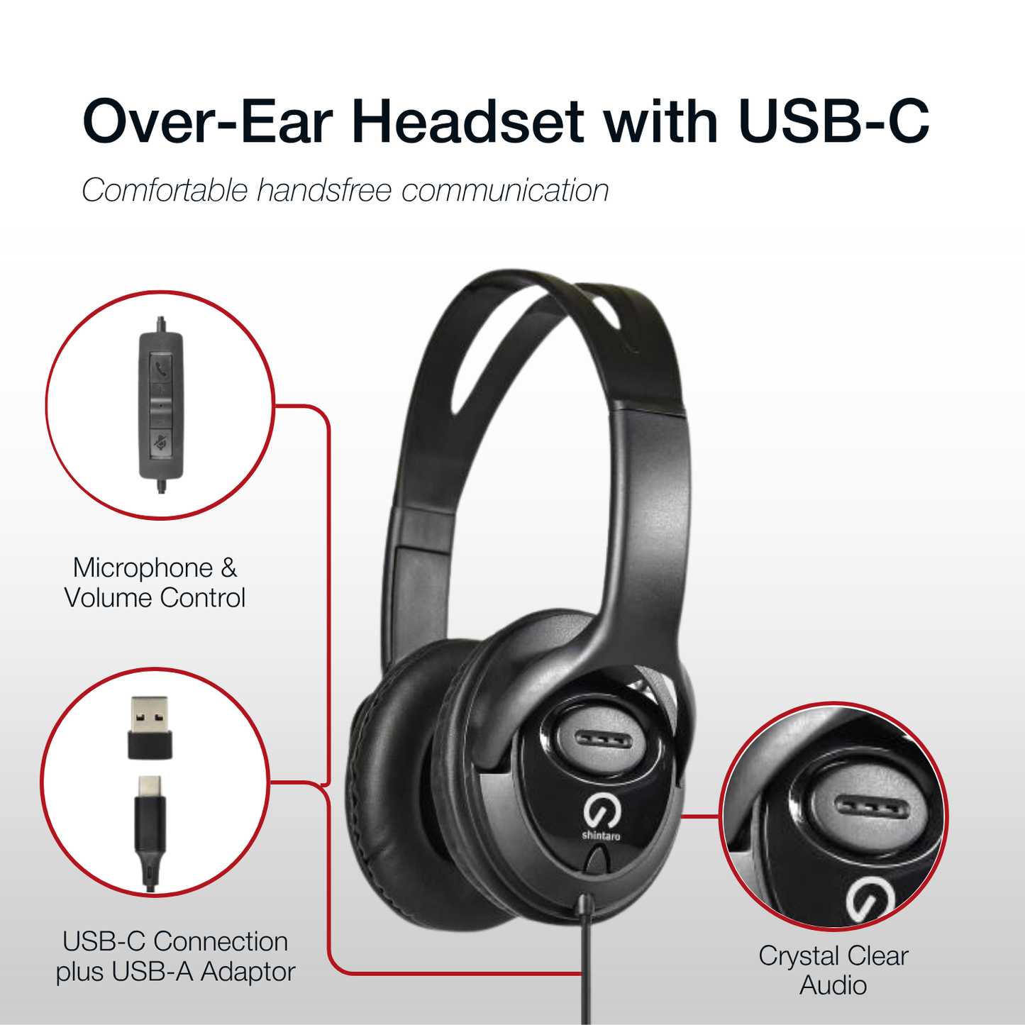 Shintaro Headset USB-C with In-Line Mic and USB-C to USB-A Adaptor