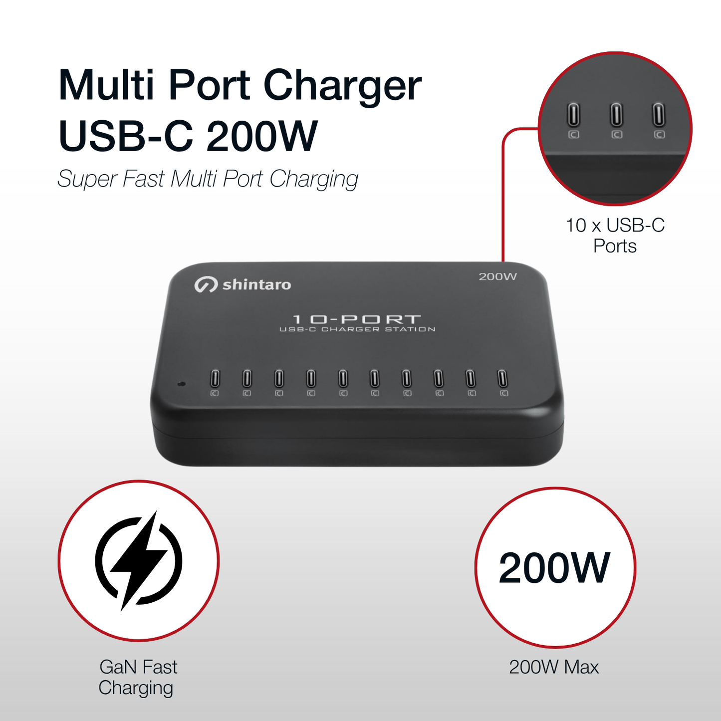 Shintaro GaN 200W 10 Ports Charger USB-C