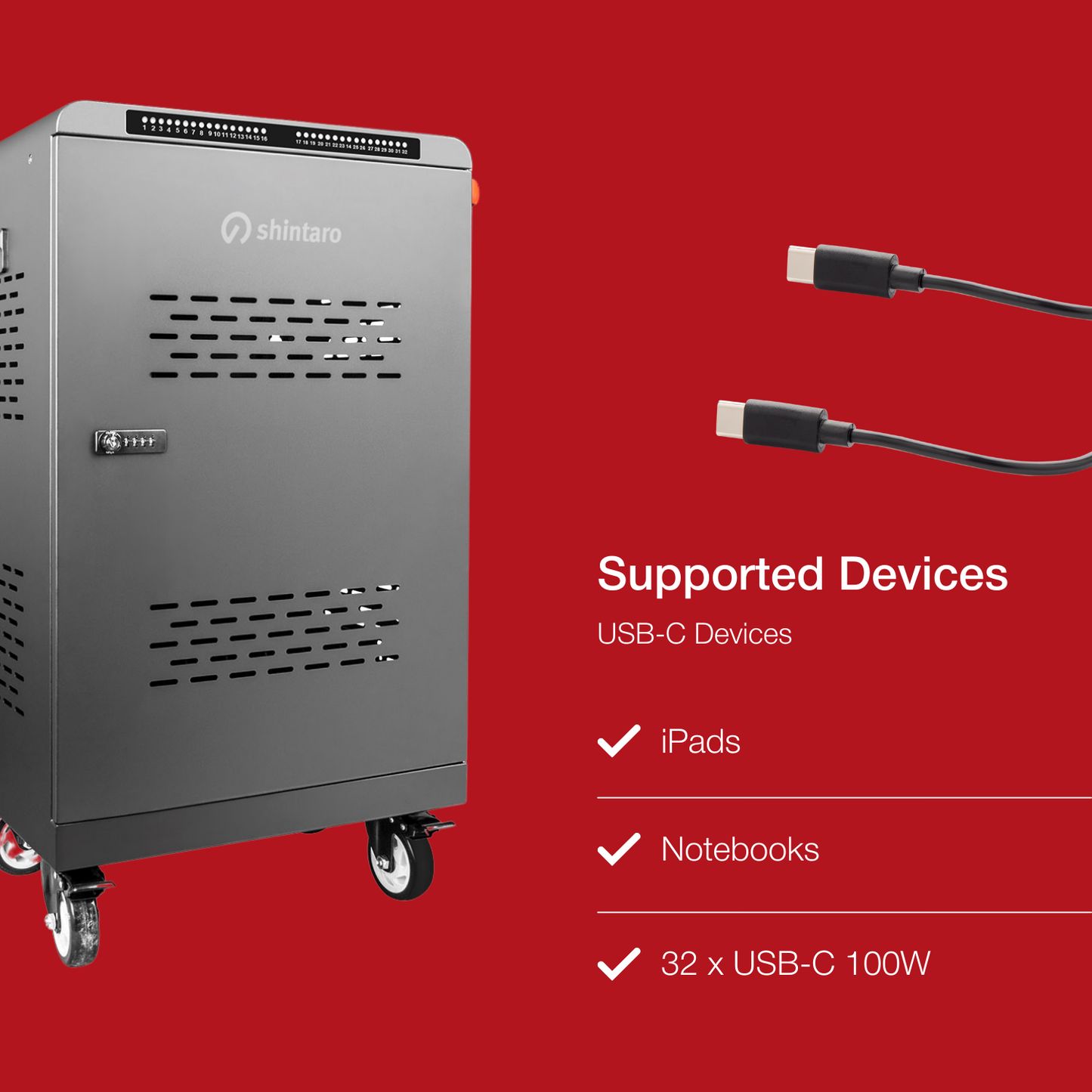 Shintaro 32 ports USB-C 2000W Charging Cabinet for Notebooks and other Devices up to 16"