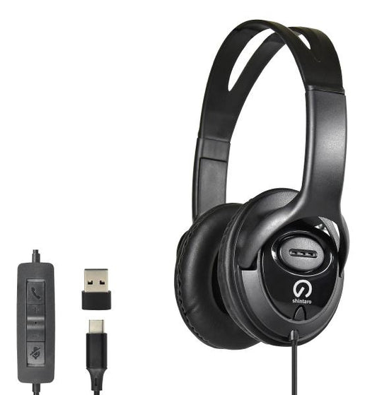 Shintaro Over-The-Ears USB-C Headset with In-Line microphone - Includes USB-C to USB-A adaptor for use with Laptops