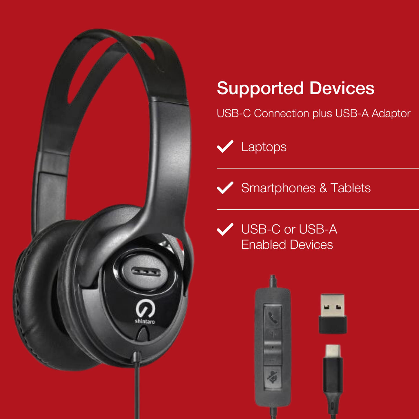 Shintaro Headset USB-C with In-Line Mic and USB-C to USB-A Adaptor
