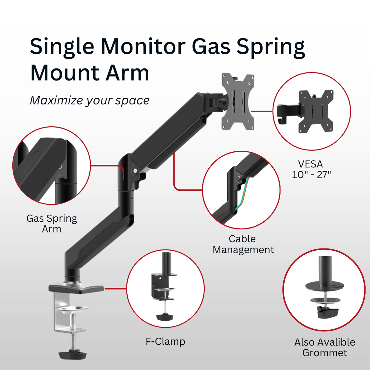 Shintaro Single Monitor Gas Spring Arm C-Clamp & Grommet Mount