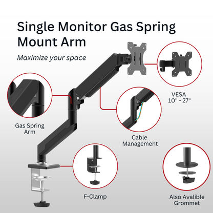 Shintaro Single Monitor Gas Spring Arm C-Clamp & Grommet Mount