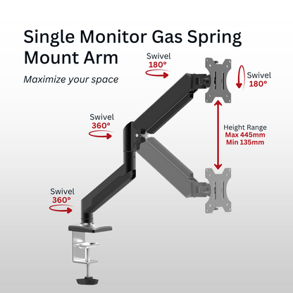 Shintaro Single Monitor Gas Spring Arm C-Clamp & Grommet Mount