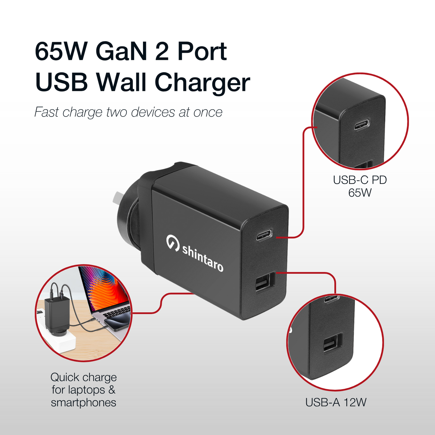 Shintaro GaN 65W Wall Charger USB-C/USB-A