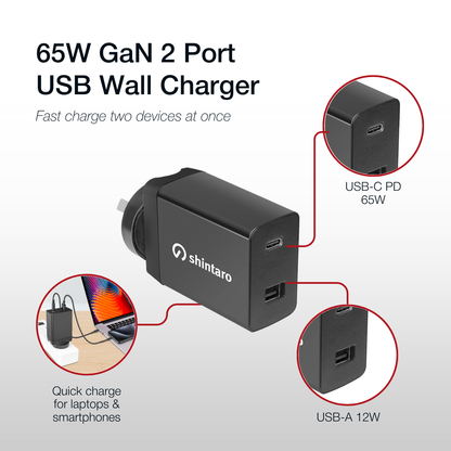 Shintaro GaN 65W Wall Charger USB-C/USB-A