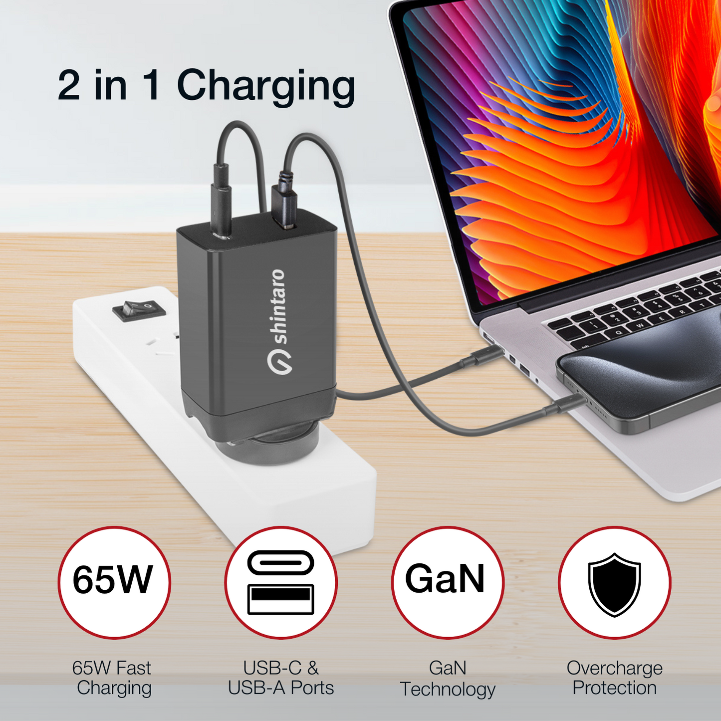Shintaro GaN 65W Wall Charger USB-C/USB-A