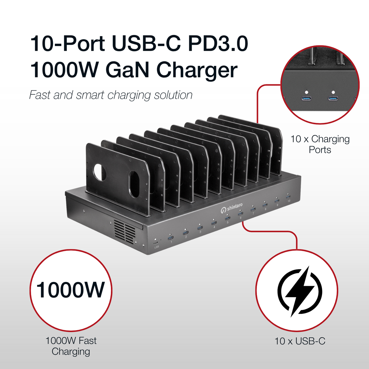 Shintaro GaN 10-Ports USB-C 1000W Charging Dock