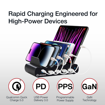 Shintaro GaN 5-Ports USB-C & USB-A 150W Charger with Bays + Wireless Charging Pads