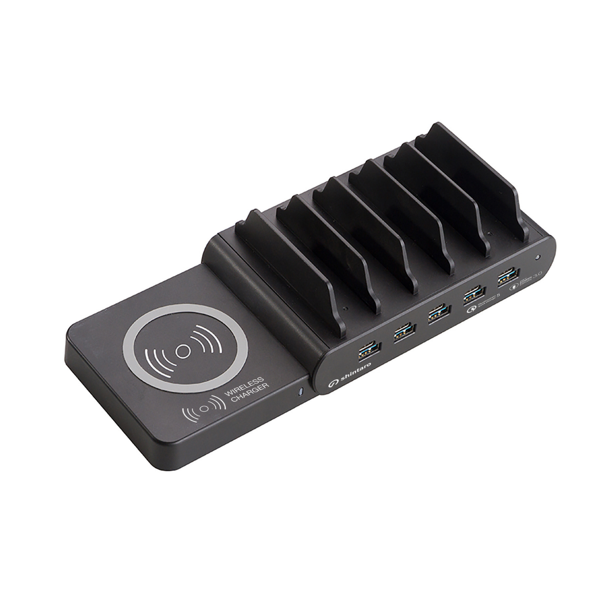 Shintaro GaN 5-Ports USB-C & USB-A 150W Charger with Bays + Wireless Charging Pads