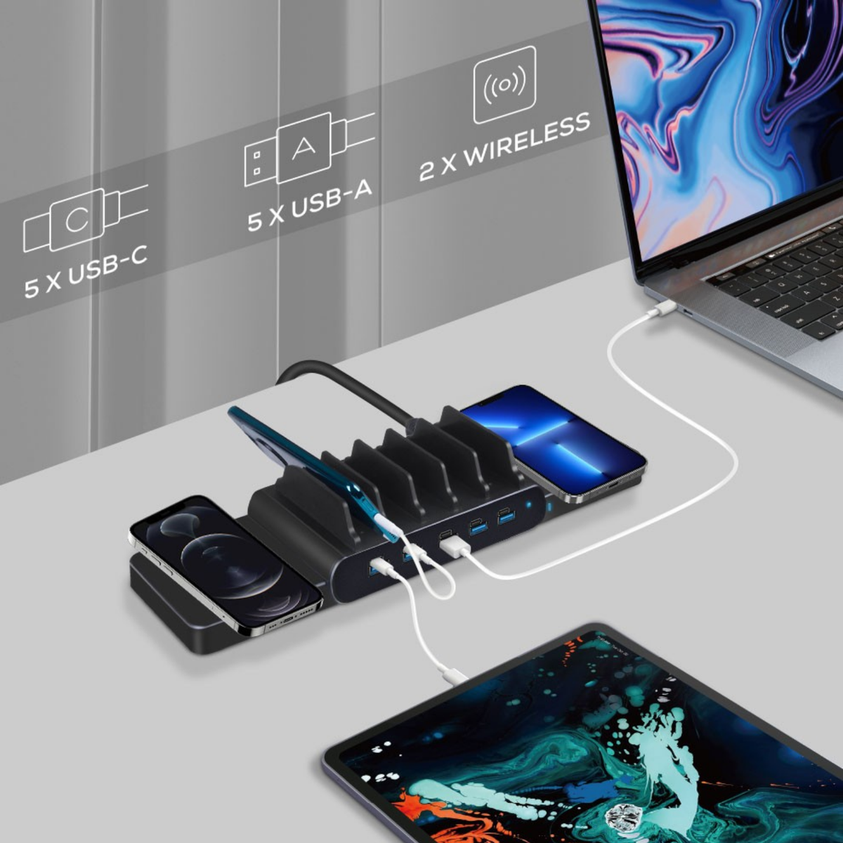 Shintaro GaN 5-Ports USB-C & USB-A 150W Charger with Bays + Wireless Charging Pads