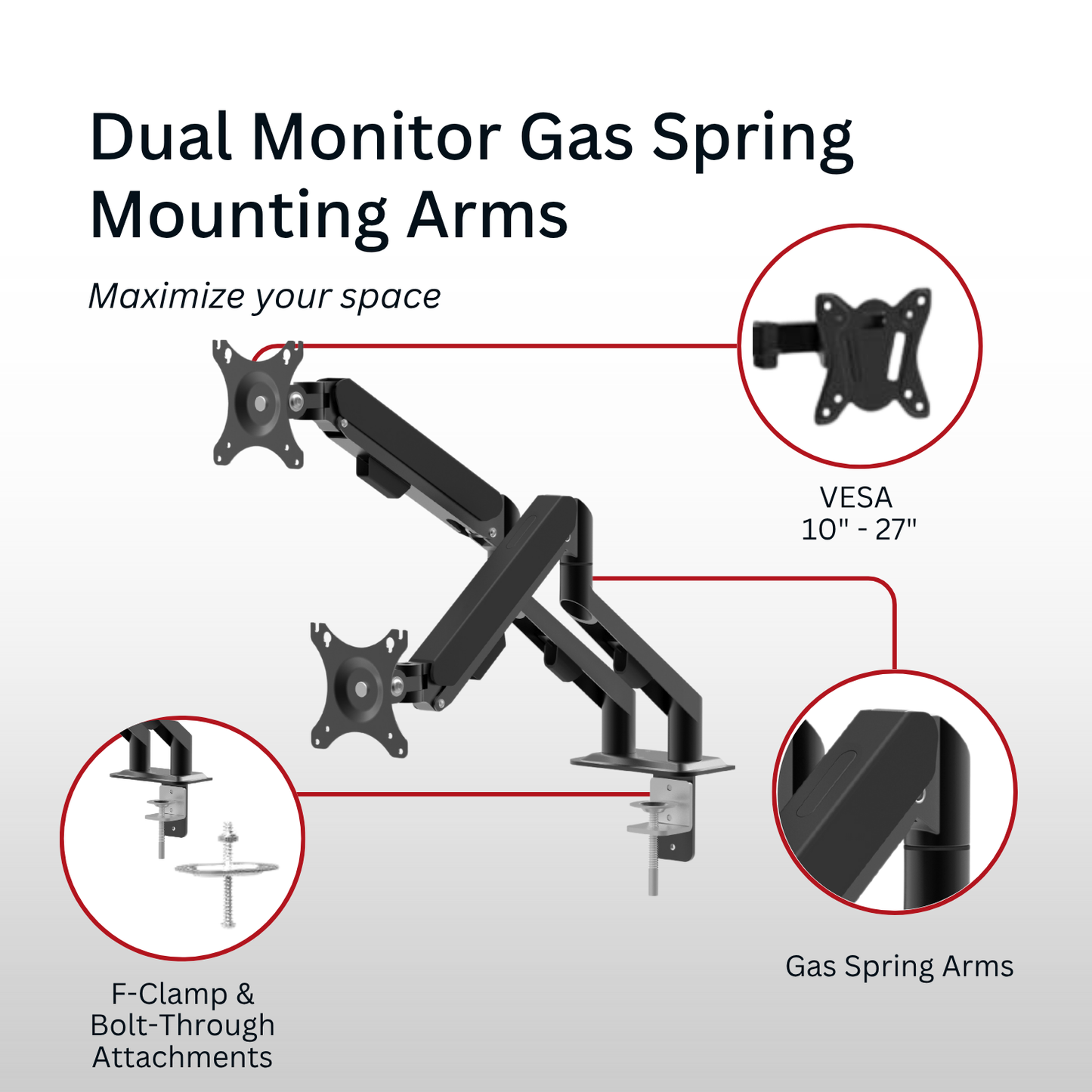 Shintaro Dual Monitor Gas Spring Arms C-Clamp & Grommet Mount